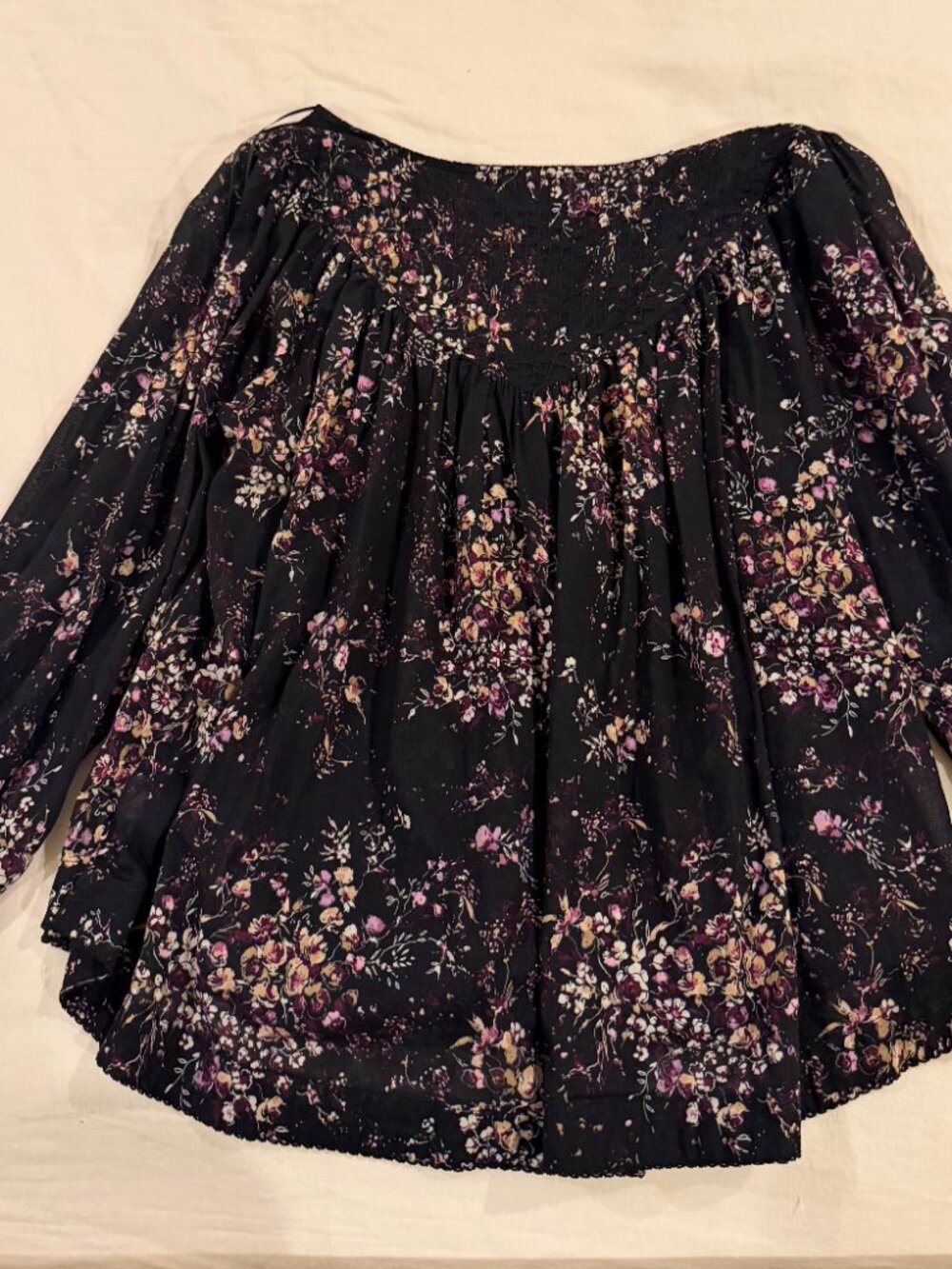 Terra & Sky Black Floral Smocked Long Sleeve Boho Peasant Tunic Blouse Plus Size - Picture 2 of 6